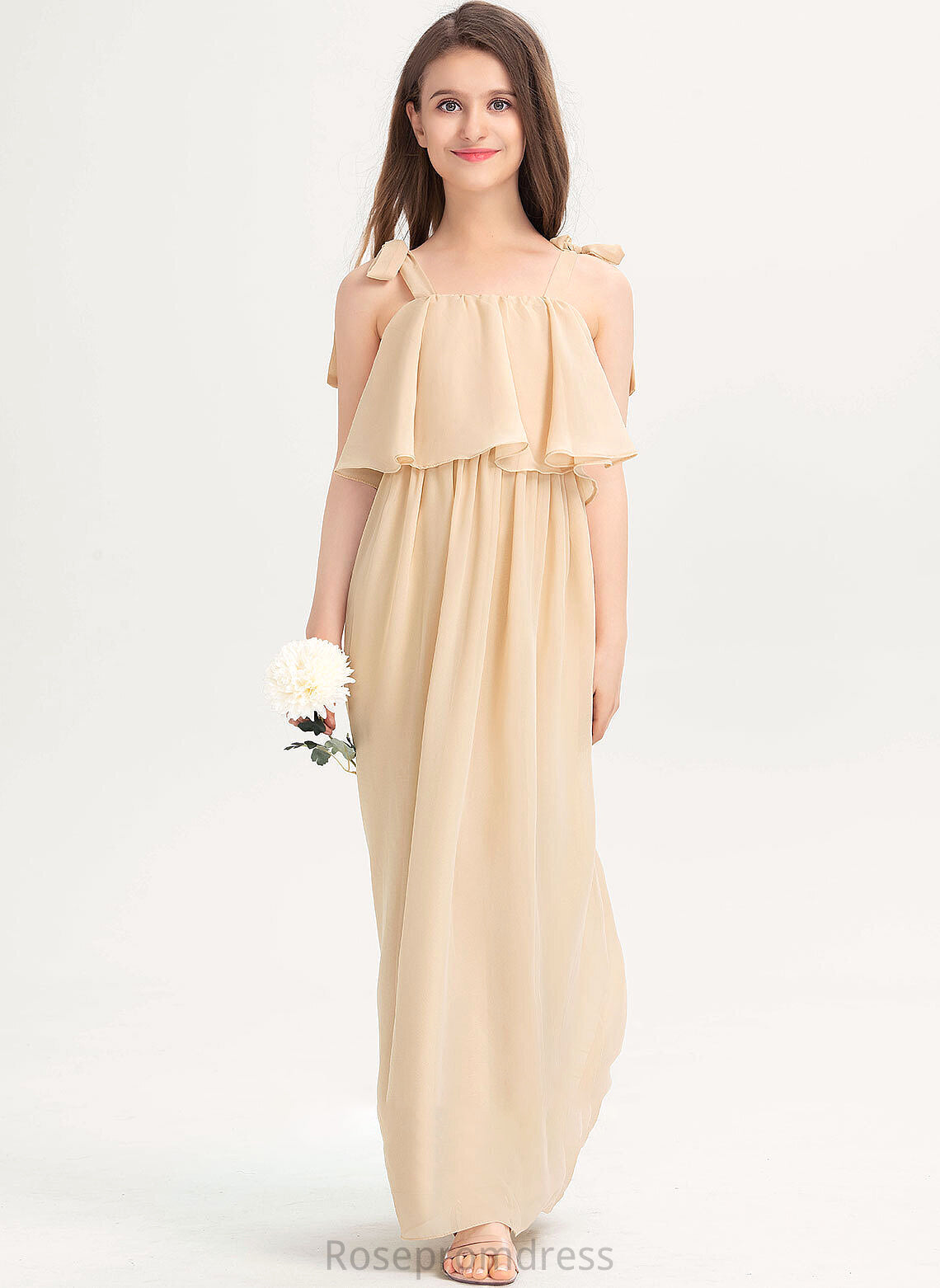 Ruffles A-Line Amber With Neckline Bow(s) Floor-Length Junior Bridesmaid Dresses Square Chiffon Cascading