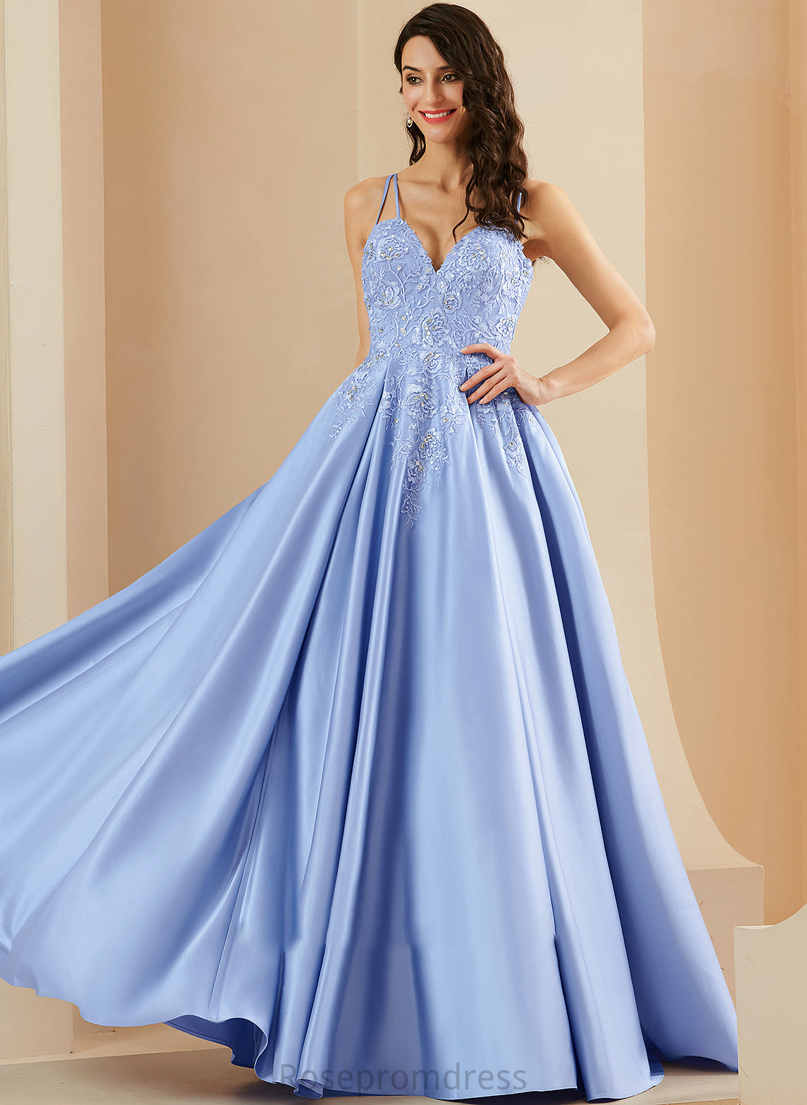 Satin Beading Ball-Gown/Princess Floor-Length Prom Dresses Ursula With Sequins V-neck