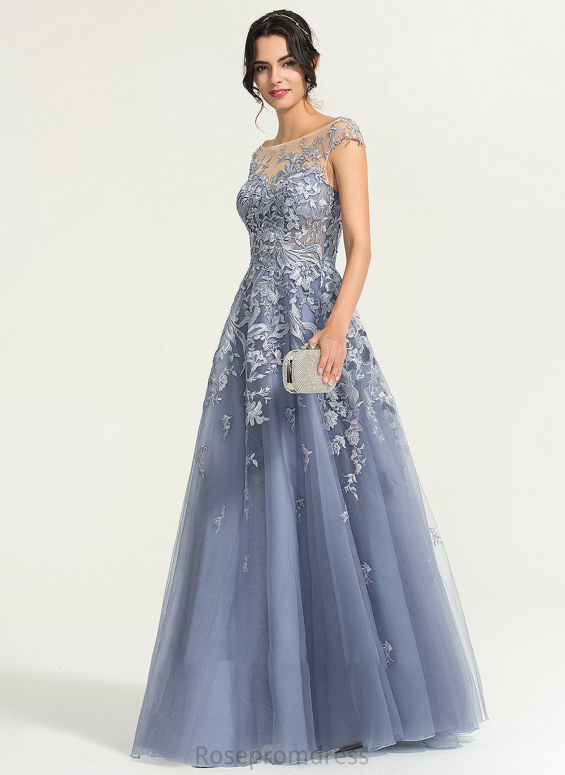 Pearl Floor-Length Scoop Tulle Ball-Gown/Princess Neck Prom Dresses