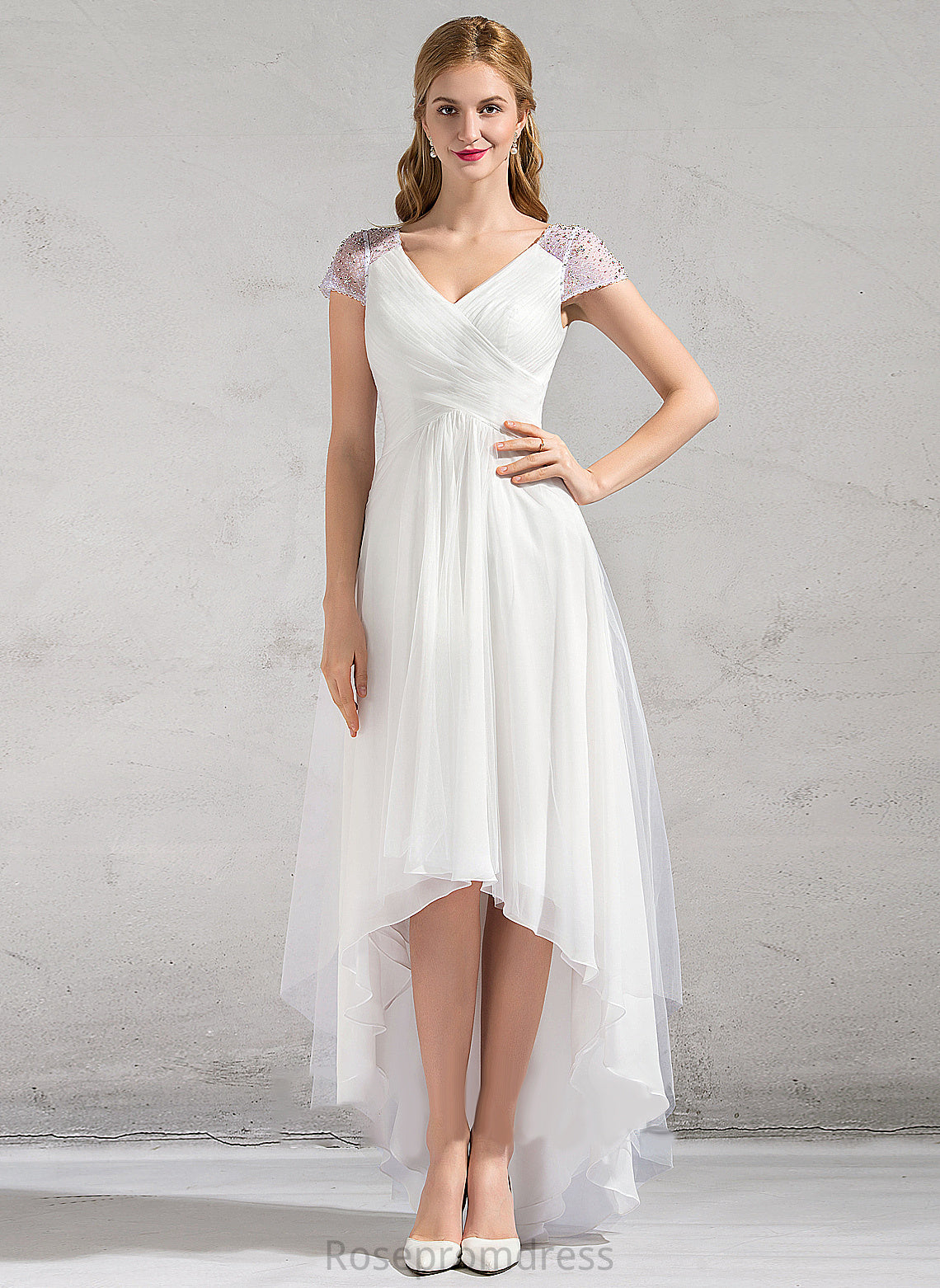 Beading Ruffle With V-neck Dress Asymmetrical A-Line Wedding Tulle Julianne Sequins Wedding Dresses