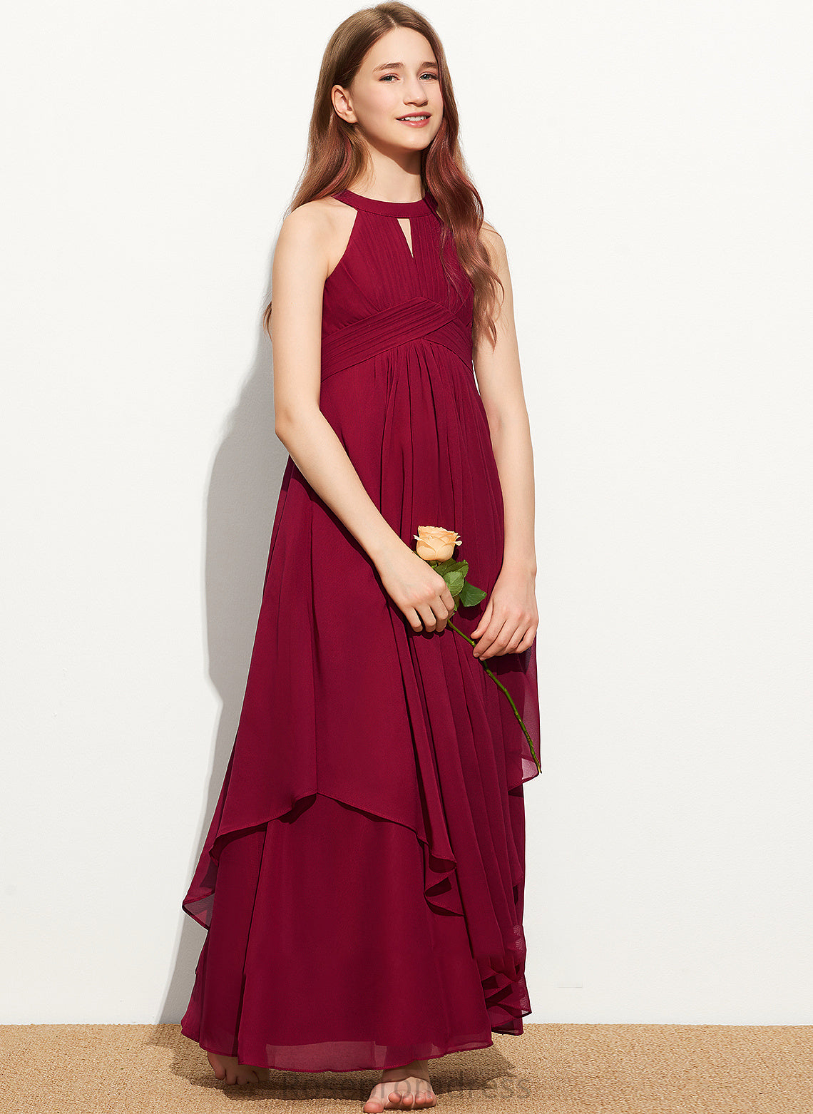 With Neck Ruffle Chiffon Scoop Nicole Junior Bridesmaid Dresses A-Line Floor-Length