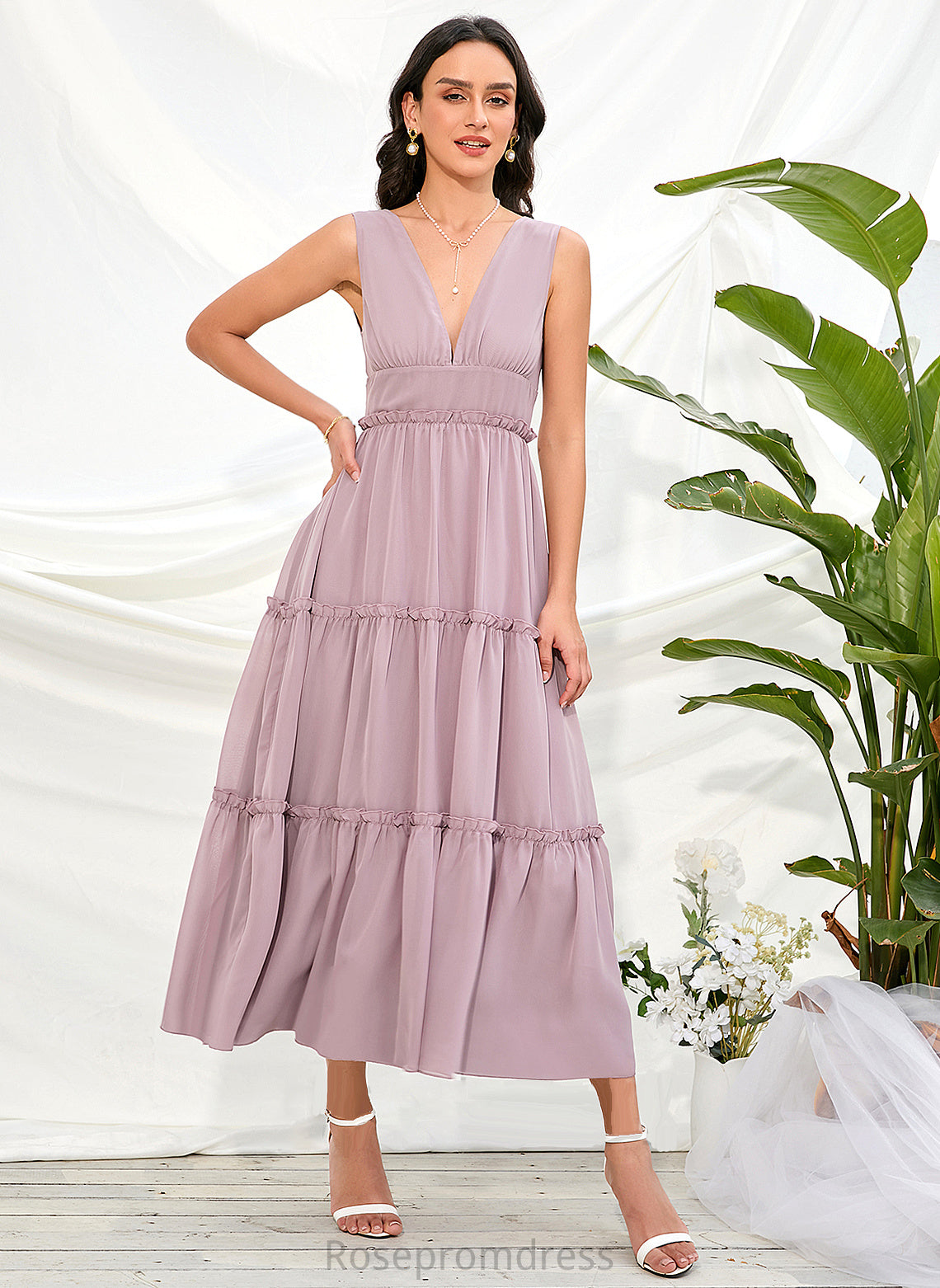 Neckline A-Line Polyester Length Silhouette Straps Fabric V-neck Tea-Length Annabel A-Line/Princess Natural Waist Bridesmaid Dresses