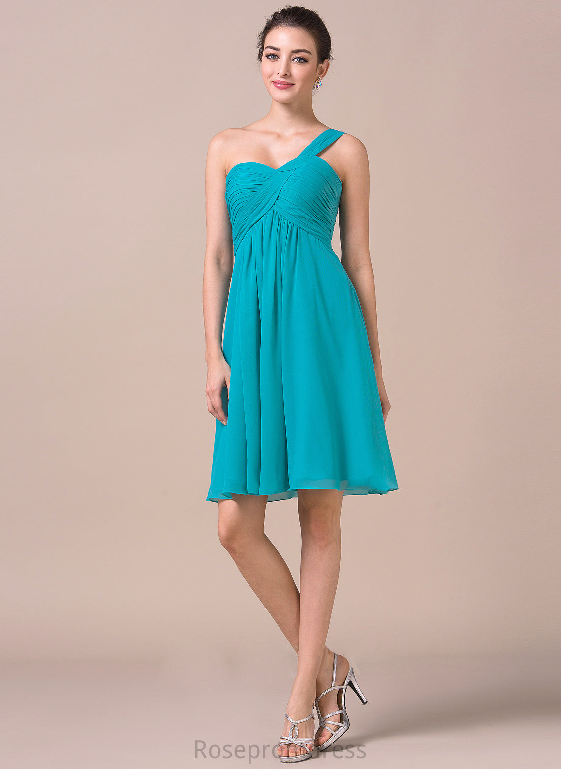One-Shoulder Fabric Ruffle Embellishment Length Neckline Knee-Length Silhouette Empire Marcia Sleeveless Natural Waist Bridesmaid Dresses