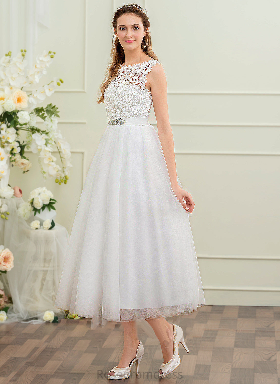 Beading Tea-Length Ball-Gown/Princess Neck Sequins Scoop Wedding Tulle Dress Wedding Dresses Amanda With