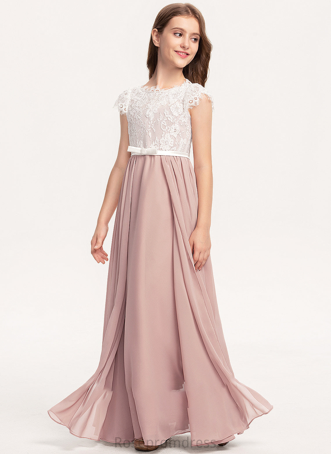 Neck Scoop Junior Bridesmaid Dresses Chiffon Lace Natalie A-Line Floor-Length Bow(s) With