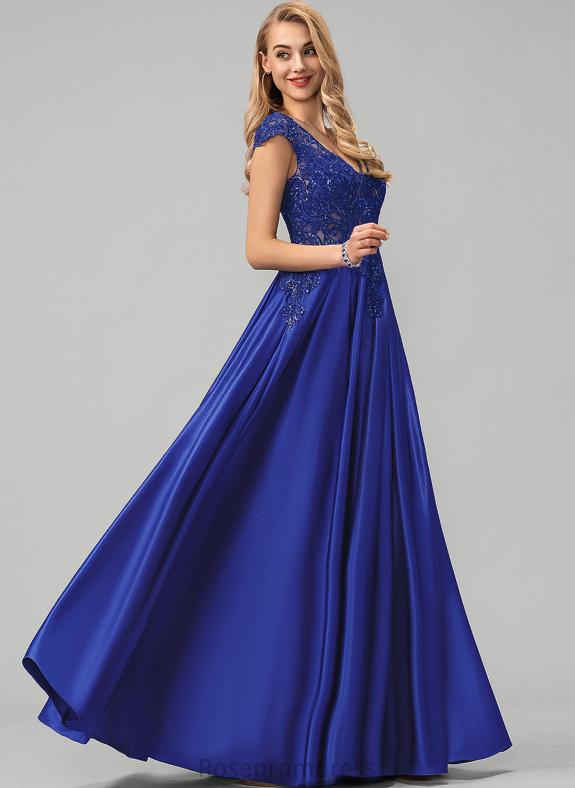 Prom Dresses Satin With V-neck Sequins Floor-Length Micah Ball-Gown/Princess