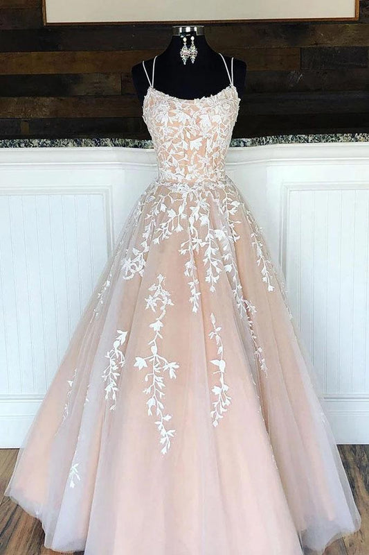Princess Spaghetti Straps A Line Appliques Tulle Lace up Pink Prom Dresses SRS15305