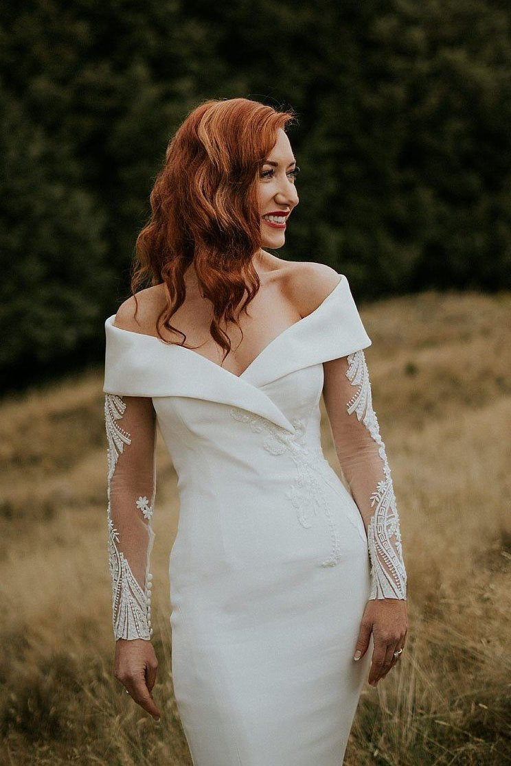 Charming Off the Shoulder Long Sleeves V Neck Mermaid Wedding Dresses, Bridal Dresses SRS15116