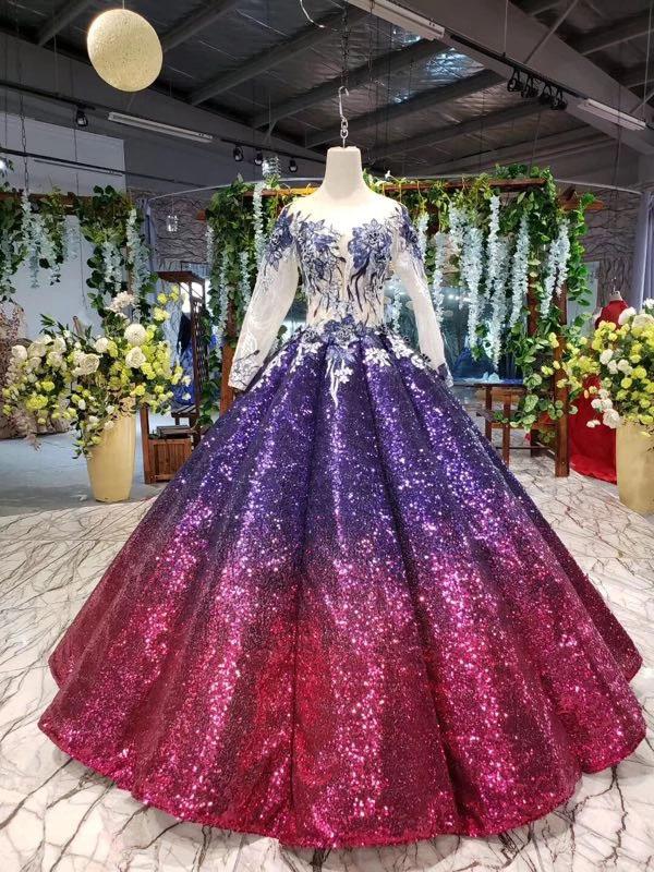 Ball Gown Ombre Sparkly Long Sleeve Sequins Prom Dresses, Quinceanera Dresses SRS15066