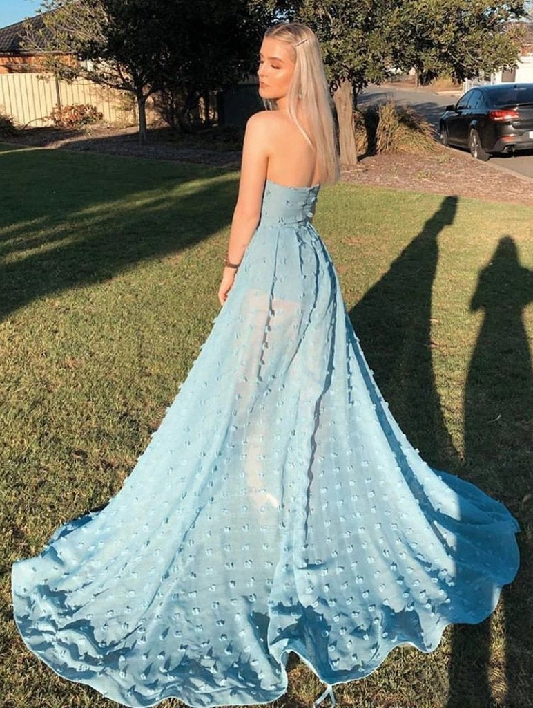 Sexy A line See Through Strapless Slit Backless Blue Prom Dresses with Appliques SRS15593