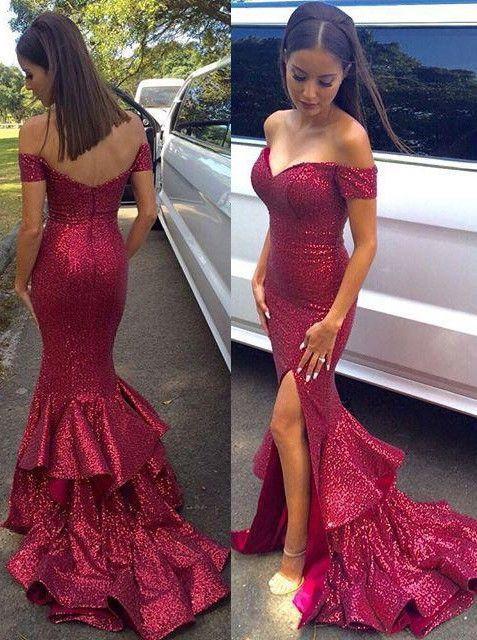 Red Mermaid Long Sequin Sexy Sweetheart Off-the-Shoulder Backless Custom Prom Dresses RS978