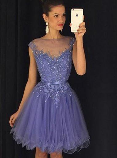 Stunning Bateau Cap Sleeves Short Lavender Homecoming Dress with Appliques Pearls RS449