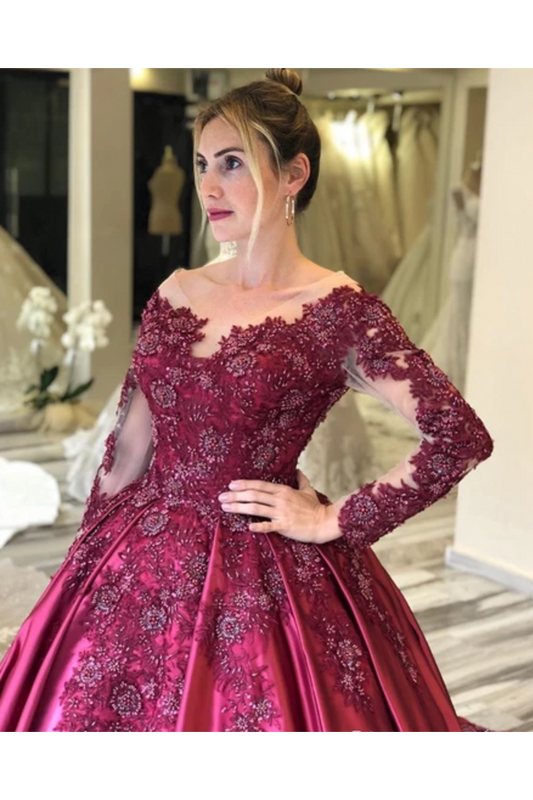 Prom Dress With Long Sleeves And Floral Embroidery Burgundy Colored Court SRSPJ8SLMB9