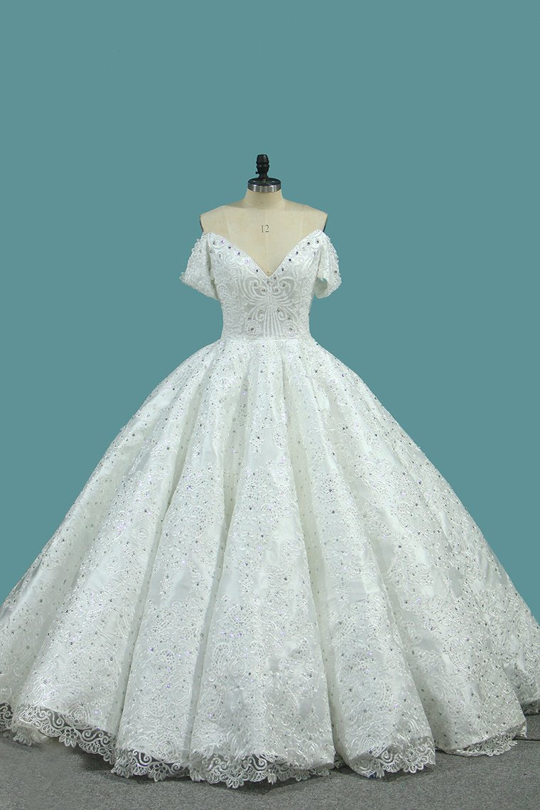 2024 Luxurious Satin Ball Gown Off The Shoulder Wedding Dress With Appliques And Beads