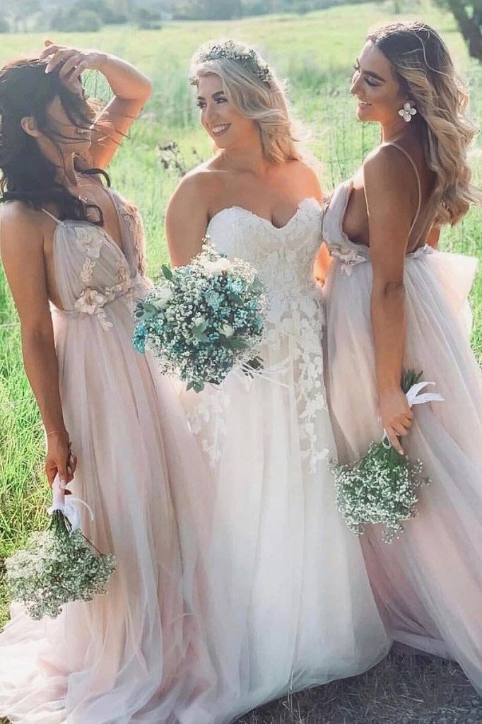 Elegant A Line Spaghetti Straps V Neck Prom Dress With Handmade Flowers, Bridesmaid Dress SRS15577