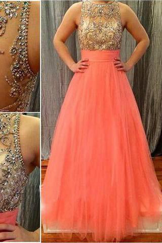 Prom Dresses Scoop Long Tulle Coral Beads Sheer Back High Neck Sleeveless Evening Dress RS867
