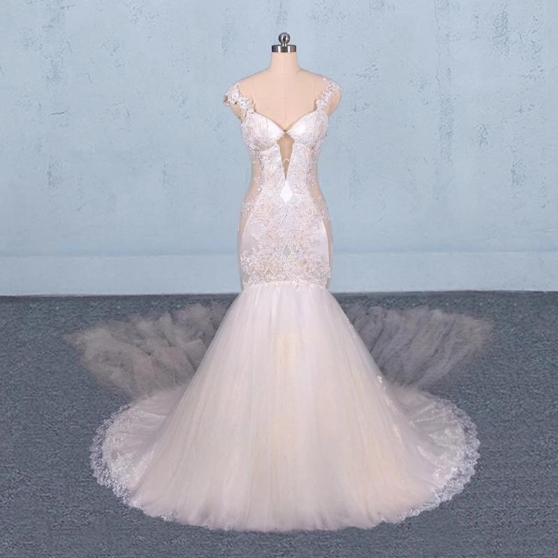 Charming Mermaid Tulle V-neck Wedding Dress, Sheer Back Long Bridal Dresses SRS15112