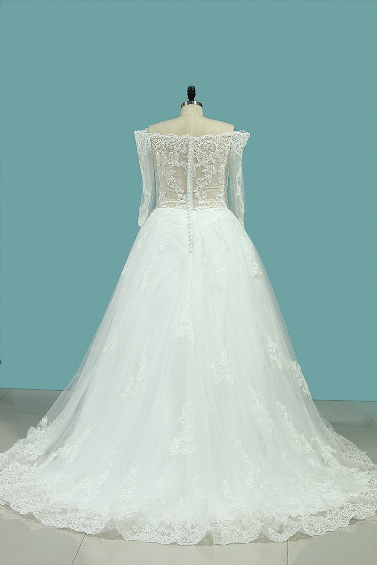 2024 A Line Boat Neck 3/4 Length Sleeves Wedding Dresses Tulle With Applique