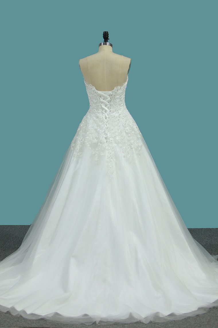 2024 Sweetheart Wedding Dresses A Line Tulle With Applique Sweep Train
