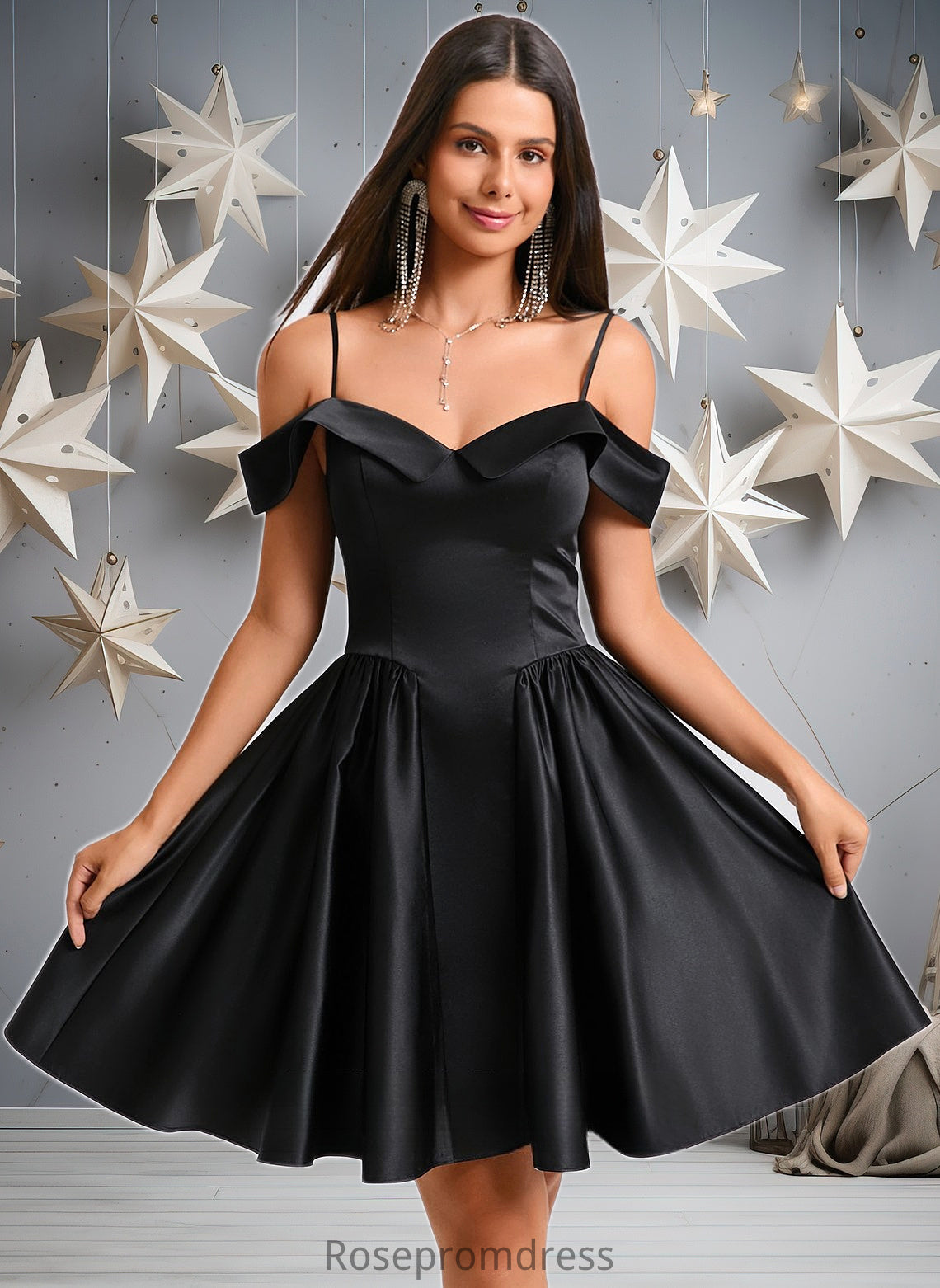 Natalia A-line Off the Shoulder Short Satin Homecoming Dress DSP0025704