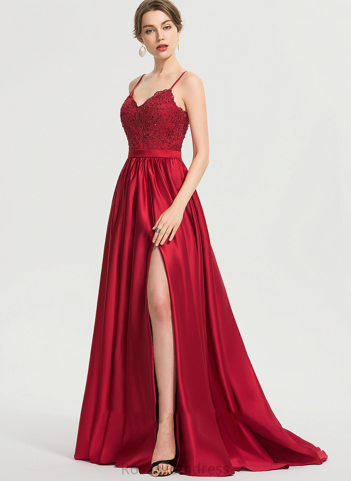 Satin Ball-Gown/Princess V-neck Front Prom Dresses Train Adyson Beading Split Sweep Sequins With