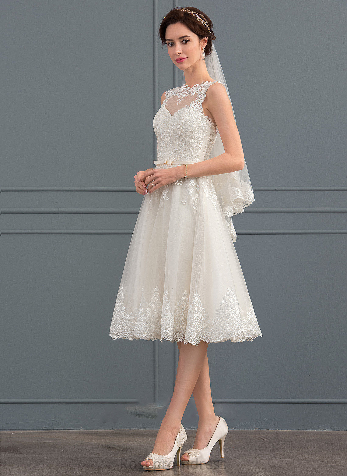 Dress Illusion Bow(s) Wedding Dresses With A-Line Wedding Knee-Length Tulle Delaney