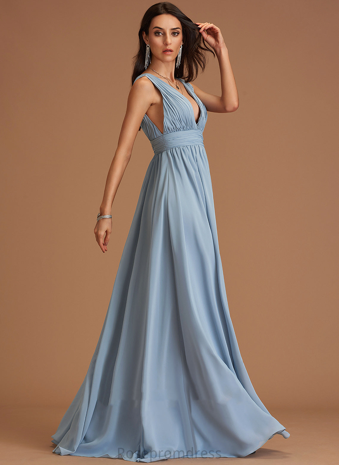 Neckline Floor-Length V-neck Straps&Sleeves A-Line Fabric Silhouette Length Maeve Tulle Sleeveless Natural Waist Bridesmaid Dresses