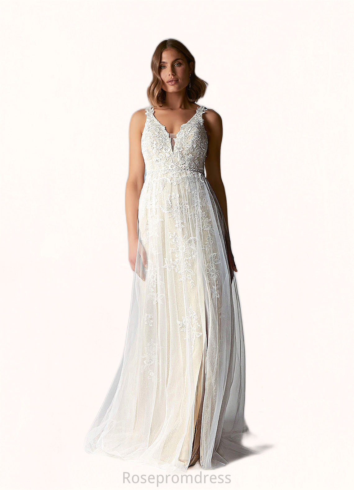 Angeline A-Line Sequins Lace Sweep Train Dress SRSP0020106