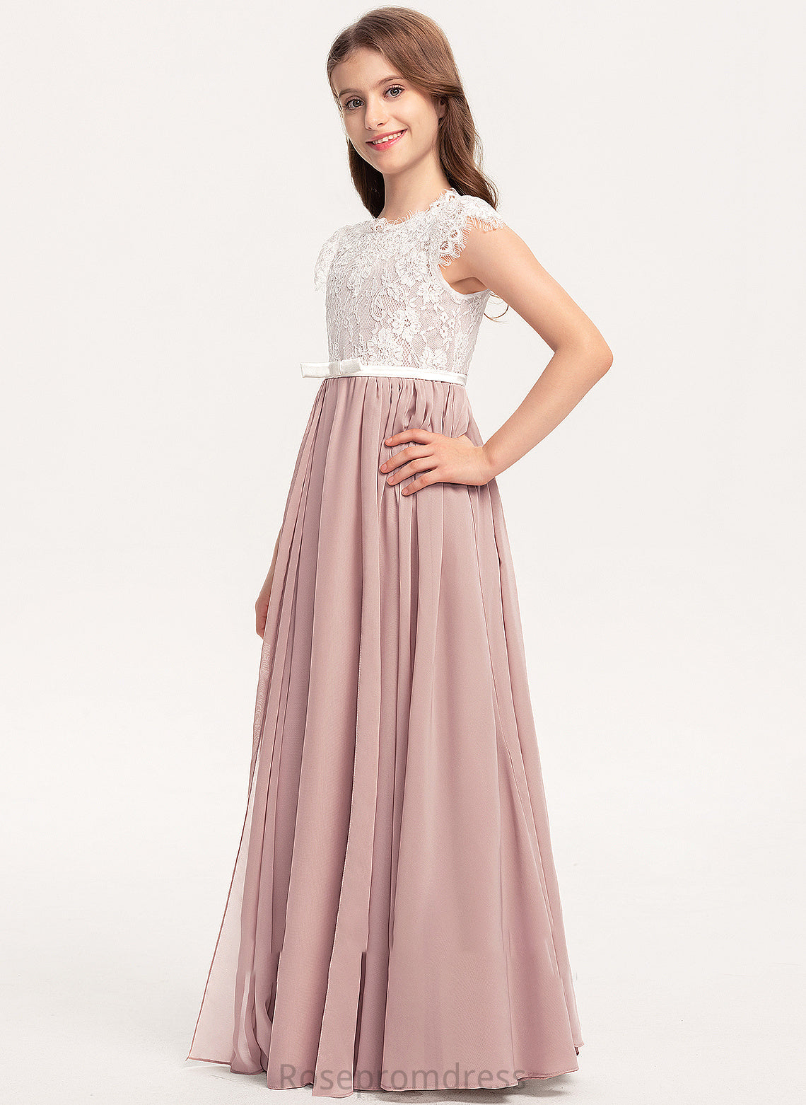 Neck Scoop Junior Bridesmaid Dresses Chiffon Lace Natalie A-Line Floor-Length Bow(s) With