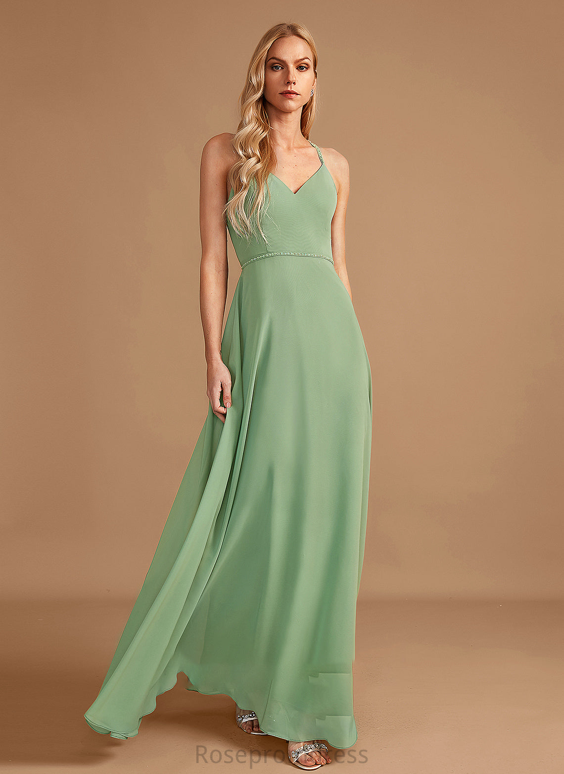 A-Line Neckline Sequins Silhouette Fabric Embellishment Floor-Length Beading Length V-neck Natalia A-Line/Princess Bridesmaid Dresses