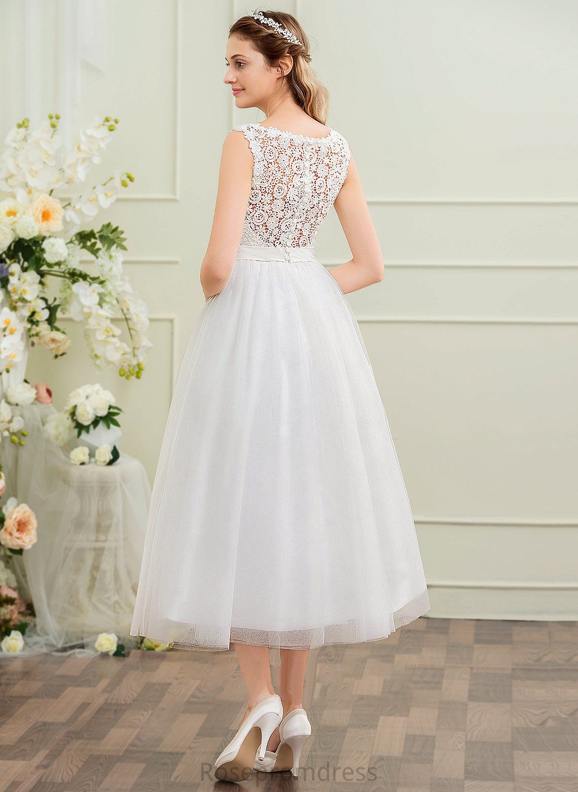Beading Tea-Length Ball-Gown/Princess Neck Sequins Scoop Wedding Tulle Dress Wedding Dresses Amanda With