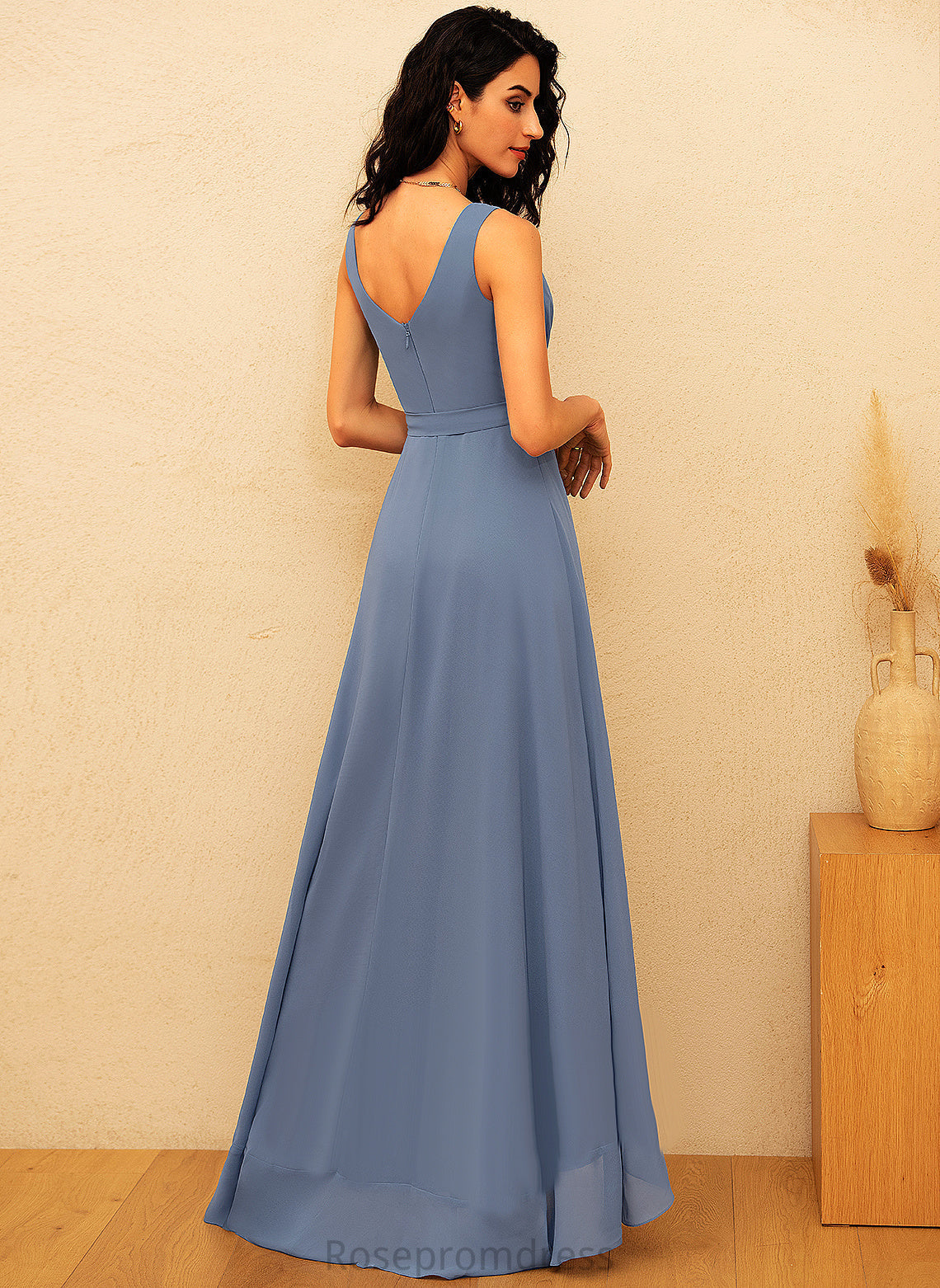 Neckline Asymmetrical Fabric Silhouette V-Neck A-line Length Embellishment Sanai Sleeveless Floor Length Spaghetti Staps Bridesmaid Dresses