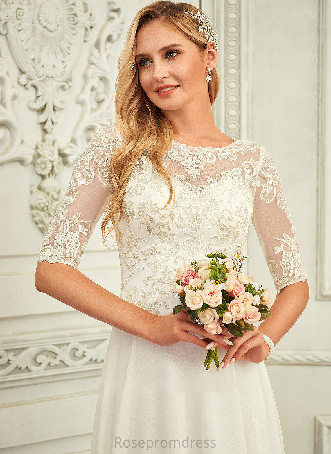 Asymmetrical A-Line With Beading Wedding Dresses Dress Neck Sequins Scoop Chiffon Wedding Lillie