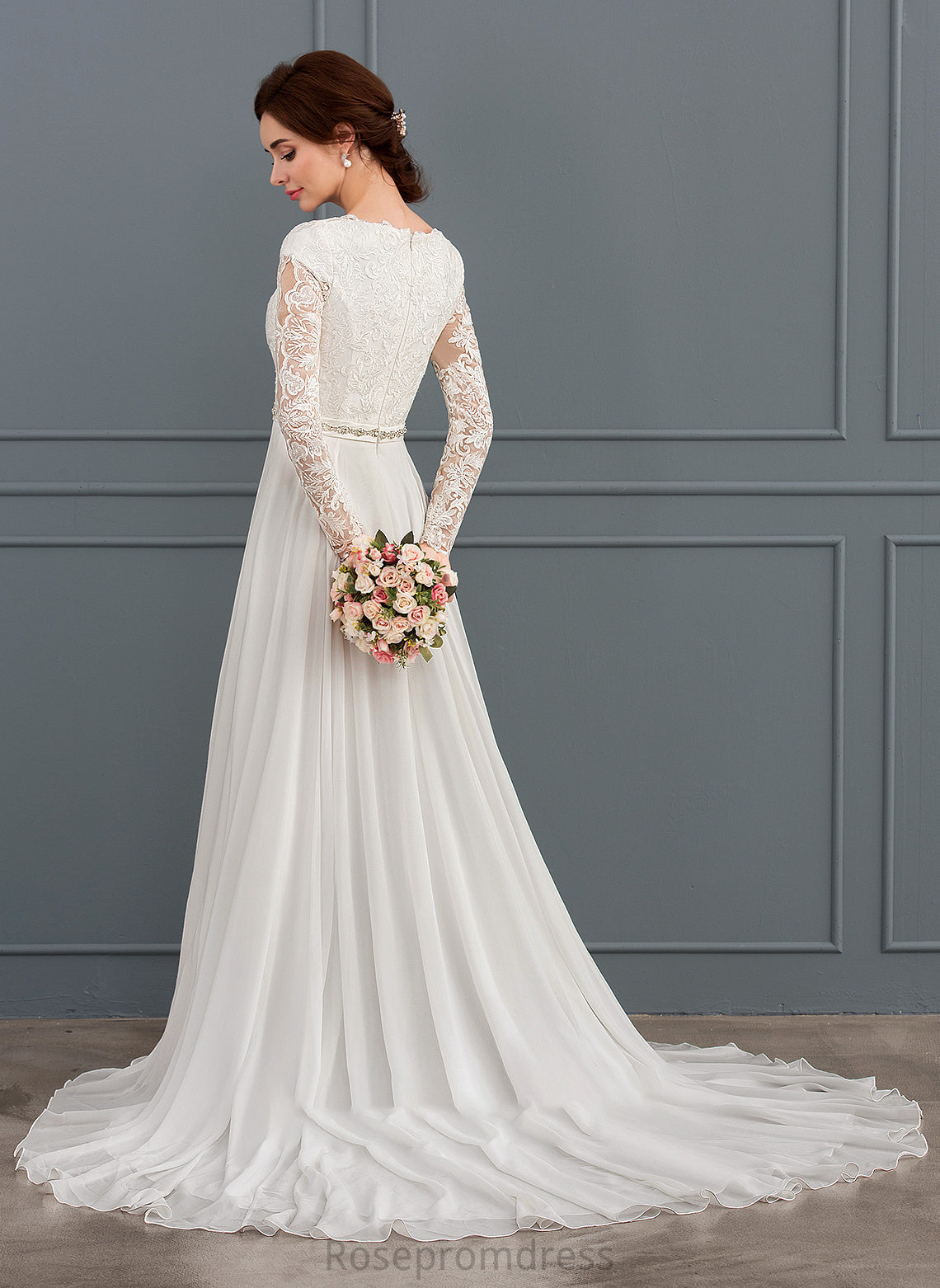 Beading Neck Train Chiffon Scoop Wedding Dresses With A-Line Dress Court Wedding Yoselin