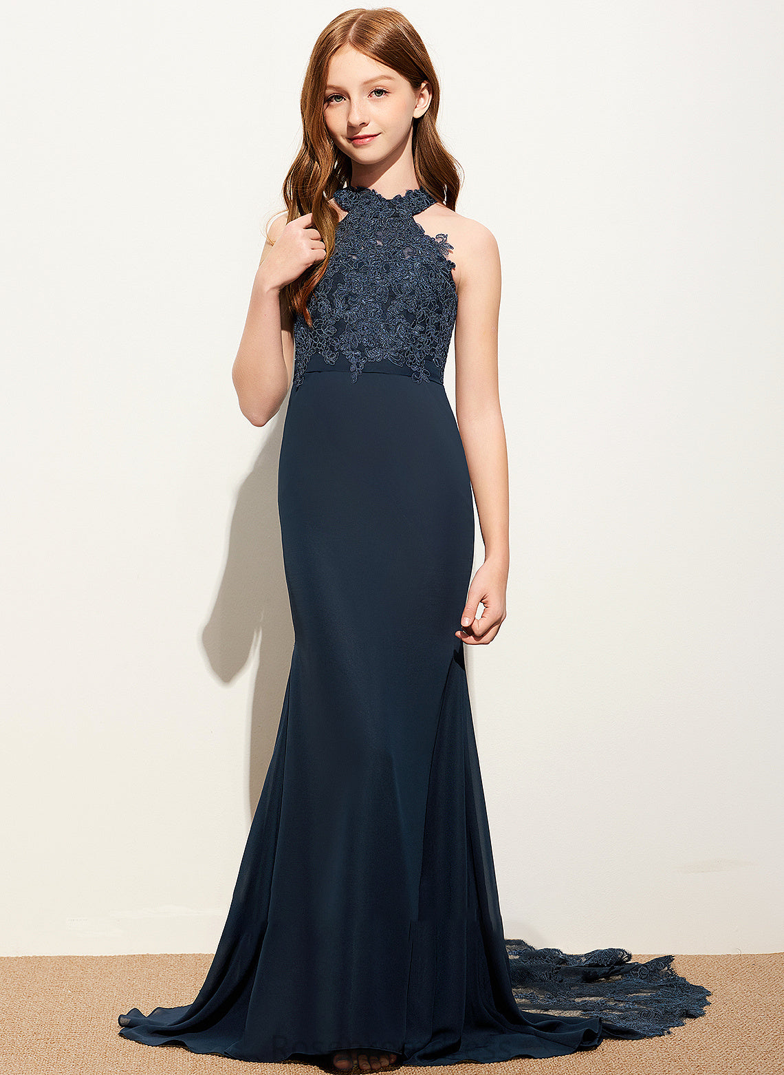 Chiffon Lace Scoop Sweep Junior Bridesmaid Dresses Neck Maryjane Train Trumpet/Mermaid
