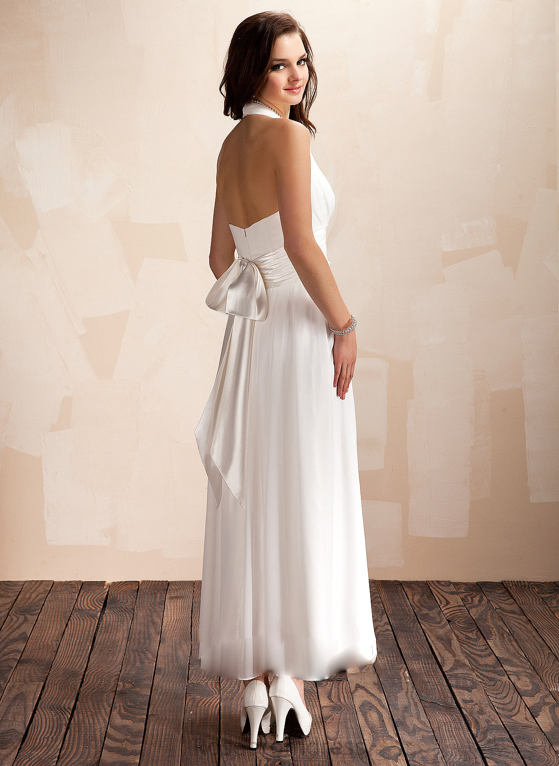 Ankle-Length Halter Chiffon Dress Wedding Dresses A-Line Wedding With Bow(s) Novia Ruffle