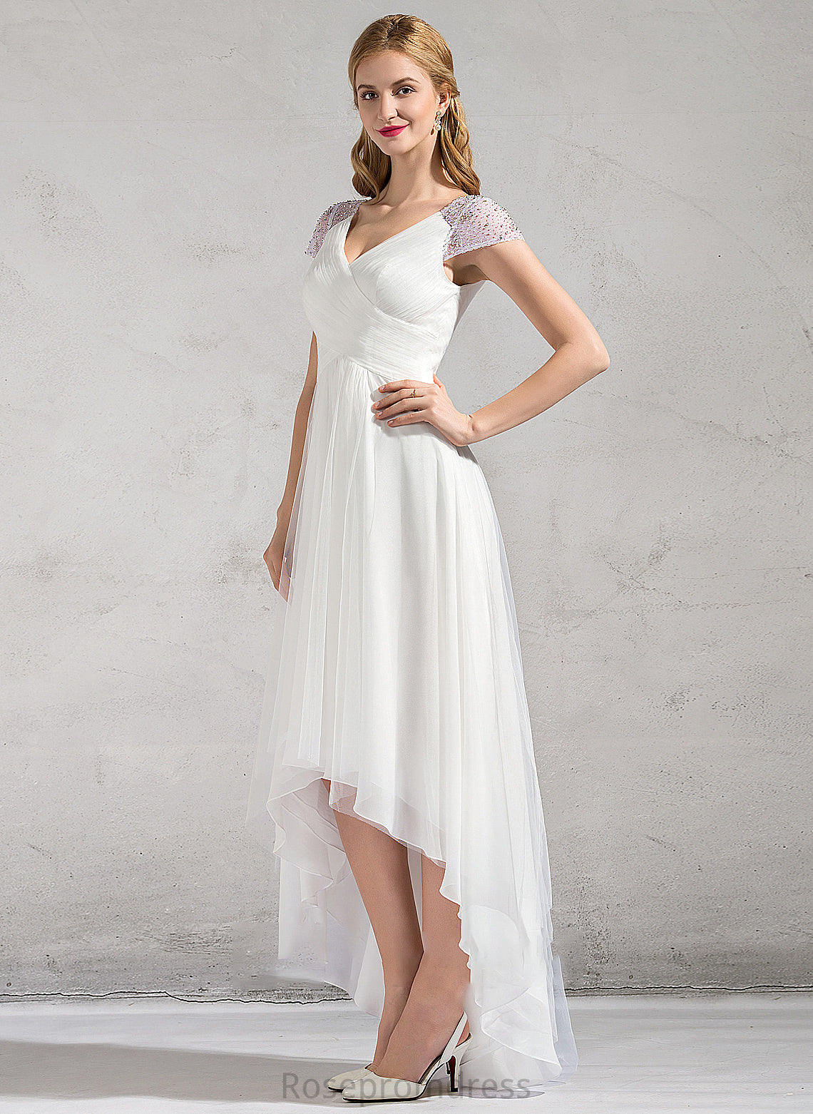 Beading Ruffle With V-neck Dress Asymmetrical A-Line Wedding Tulle Julianne Sequins Wedding Dresses