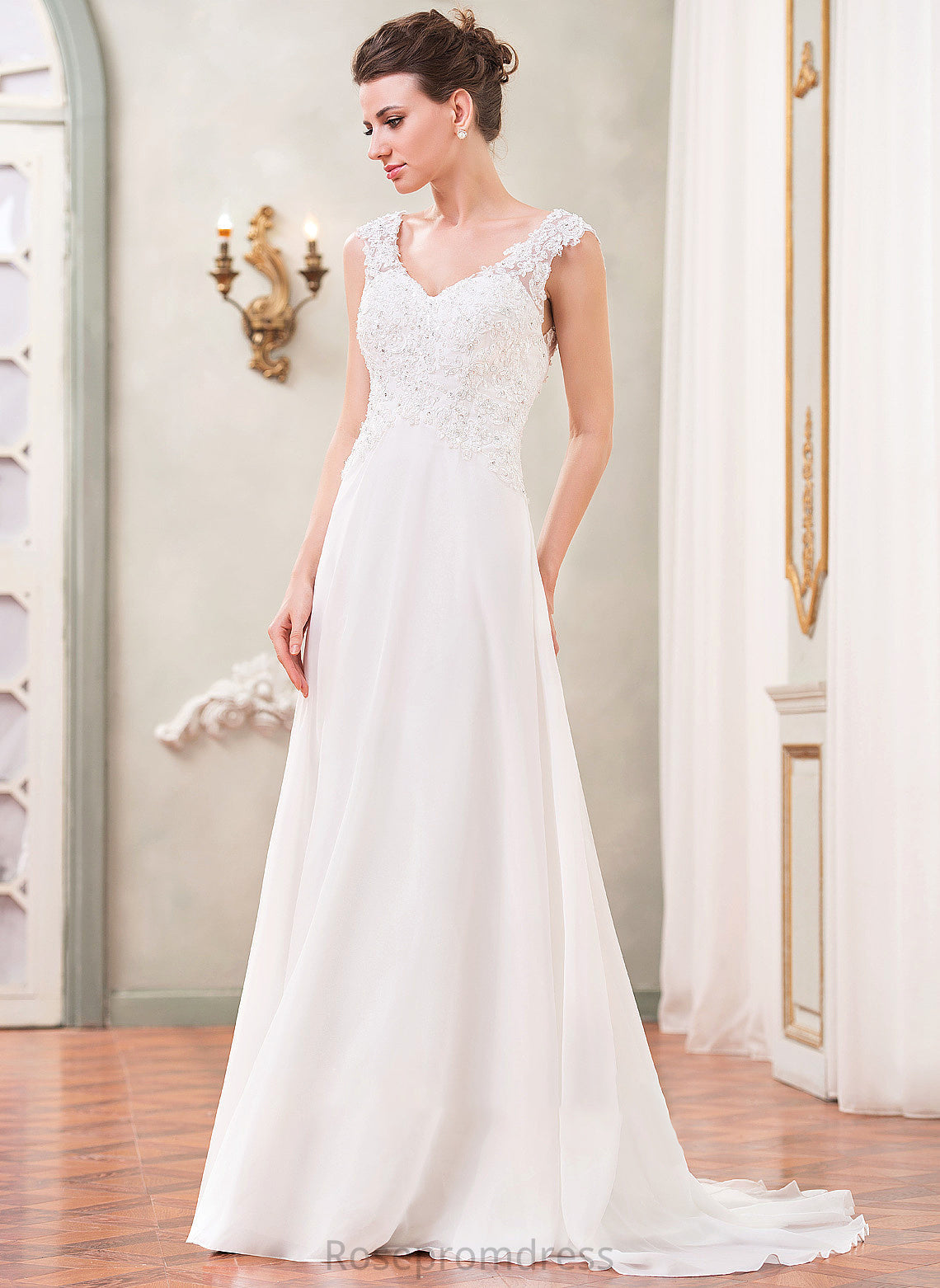 Emilee Wedding Dresses V-neck A-Line With Sweep Beading Wedding Train Lace Dress Sequins Chiffon