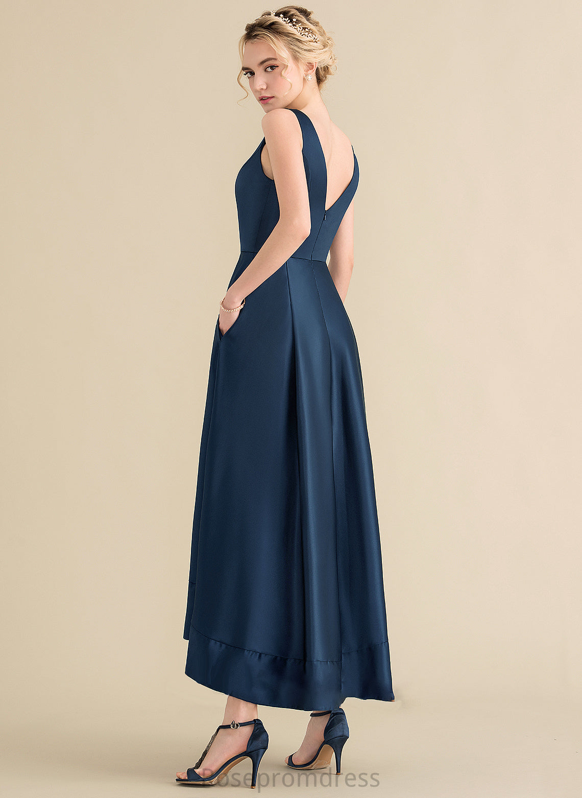 Satin Length Fabric Asymmetrical Embellishment Neckline Pockets Straps V-neck Aspen Bridesmaid Dresses