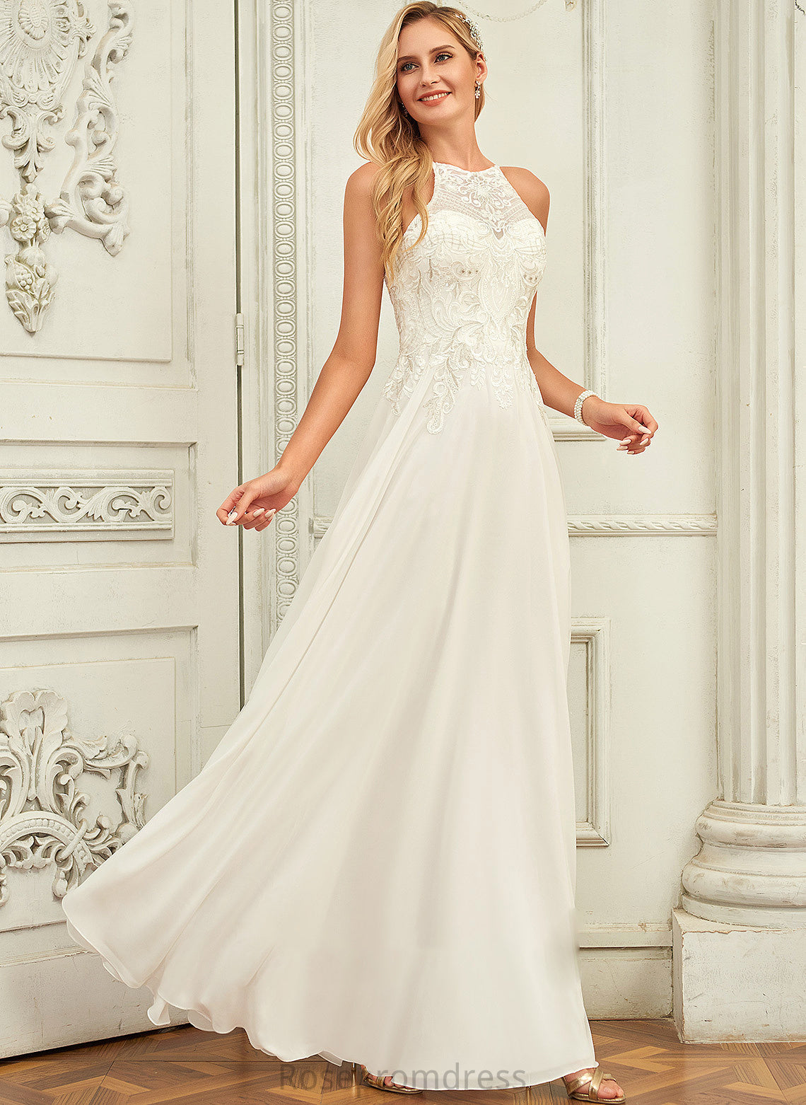 Ellie Wedding A-Line Floor-Length Lace Wedding Dresses Scoop Dress Chiffon Neck