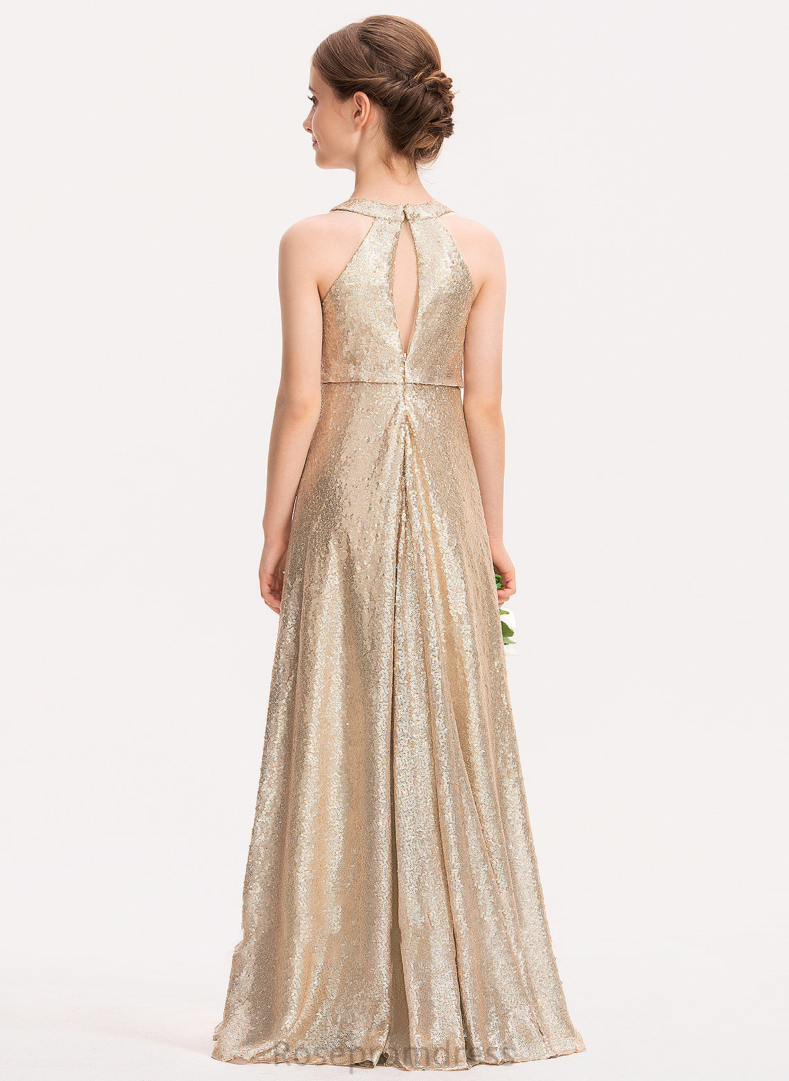 Janet A-Line Junior Bridesmaid Dresses Sequined Neck Floor-Length Scoop