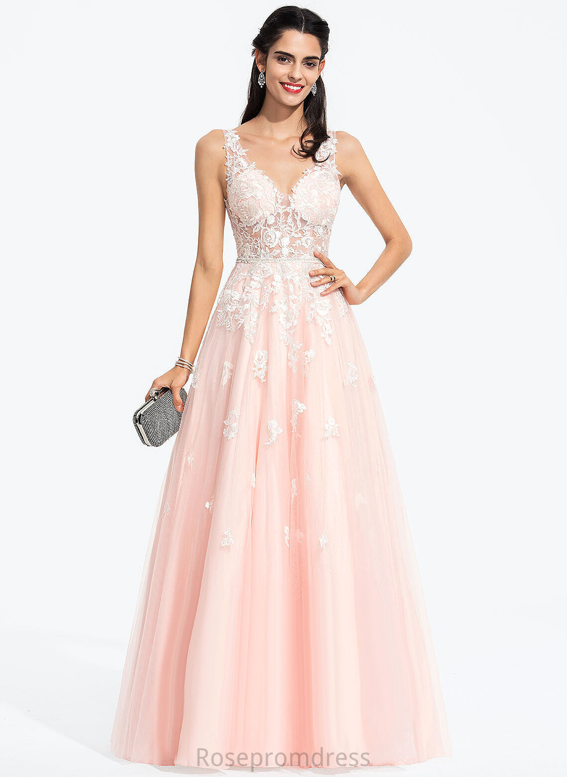 Sequins Prom Dresses V-neck With Ball-Gown/Princess Beading Saniya Floor-Length Lace Tulle