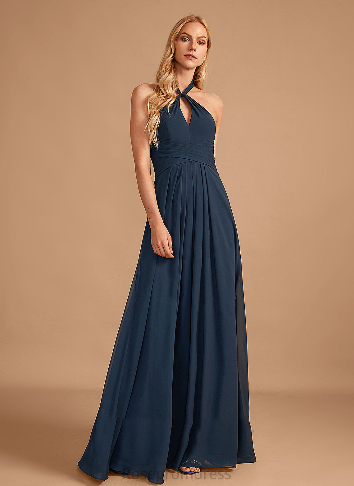 A-Line Halter Embellishment Ruffle Length Neckline Floor-Length Silhouette Fabric Alexandra Bridesmaid Dresses
