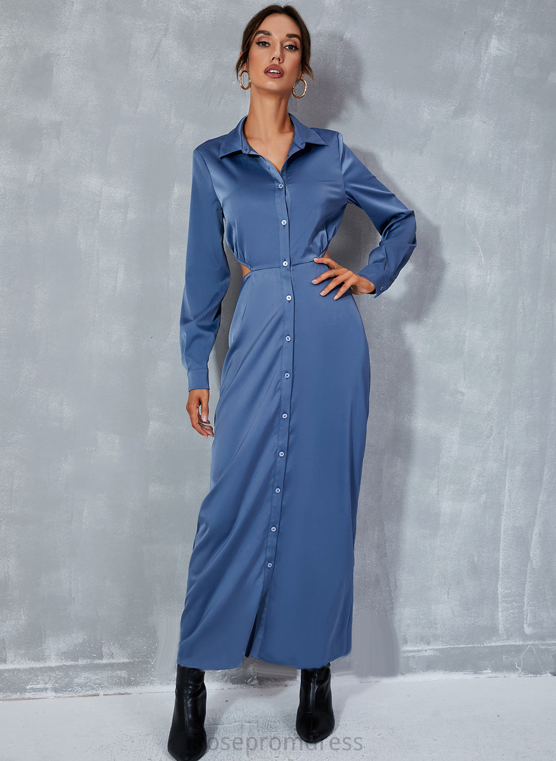 Polyester V-Neck A-line Casual Dresses Sleeves Long Front Split Makaila Club Dresses Midi
