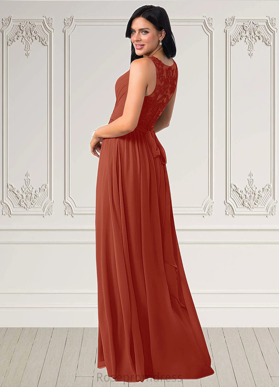 Nydia A-Line Lace Chiffon Floor-Length Dress SRSP0019704