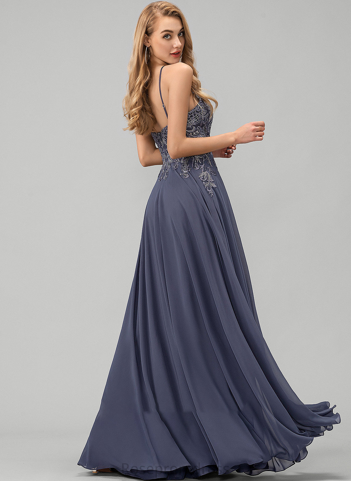 Sequins Chiffon Floor-Length Prom Dresses Scoop With Undine Lace A-Line Neck