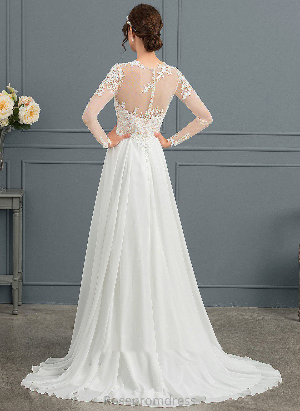 Front A-Line Sweep Illusion Wedding Dresses Dress Split Wedding With Lace Michaela Chiffon Train Appliques
