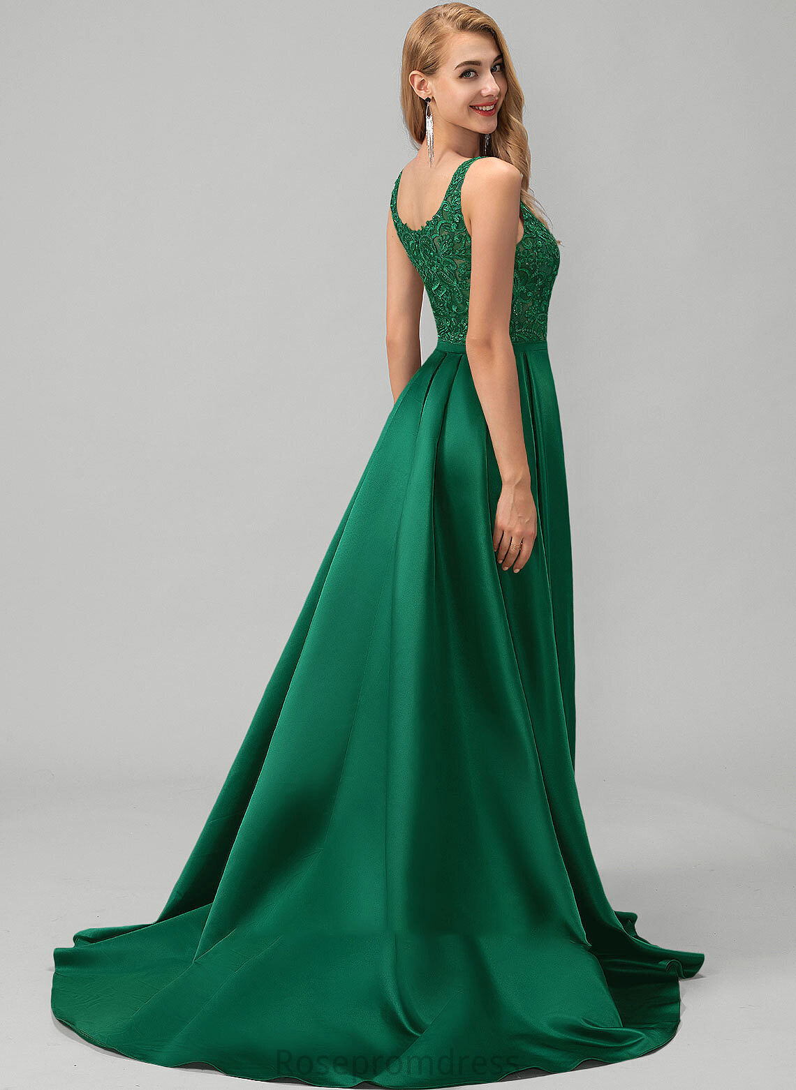 Prom Dresses A-Line Neckline Emerson Lace Train Sweep Sequins With Satin Square Split Front
