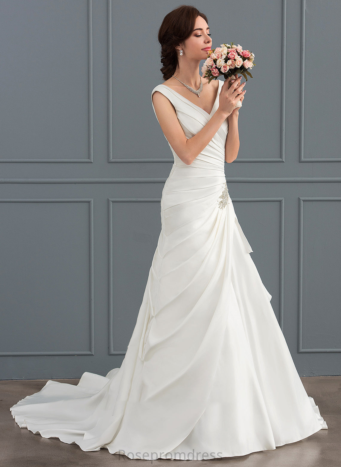Dress Court Beading Jordyn Train Wedding Dresses A-Line Satin V-neck With Wedding