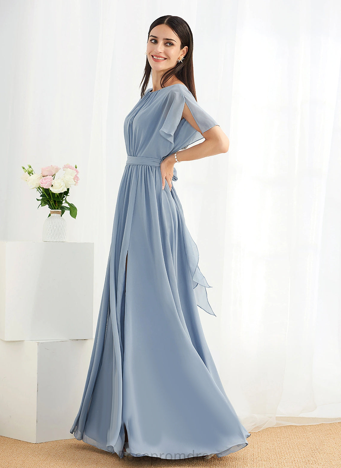 A-line Floor-Length Silhouette Straps&Sleeves Length Scoop Fabric Neckline Tiara Floor Length V-Neck Sleeveless Bridesmaid Dresses